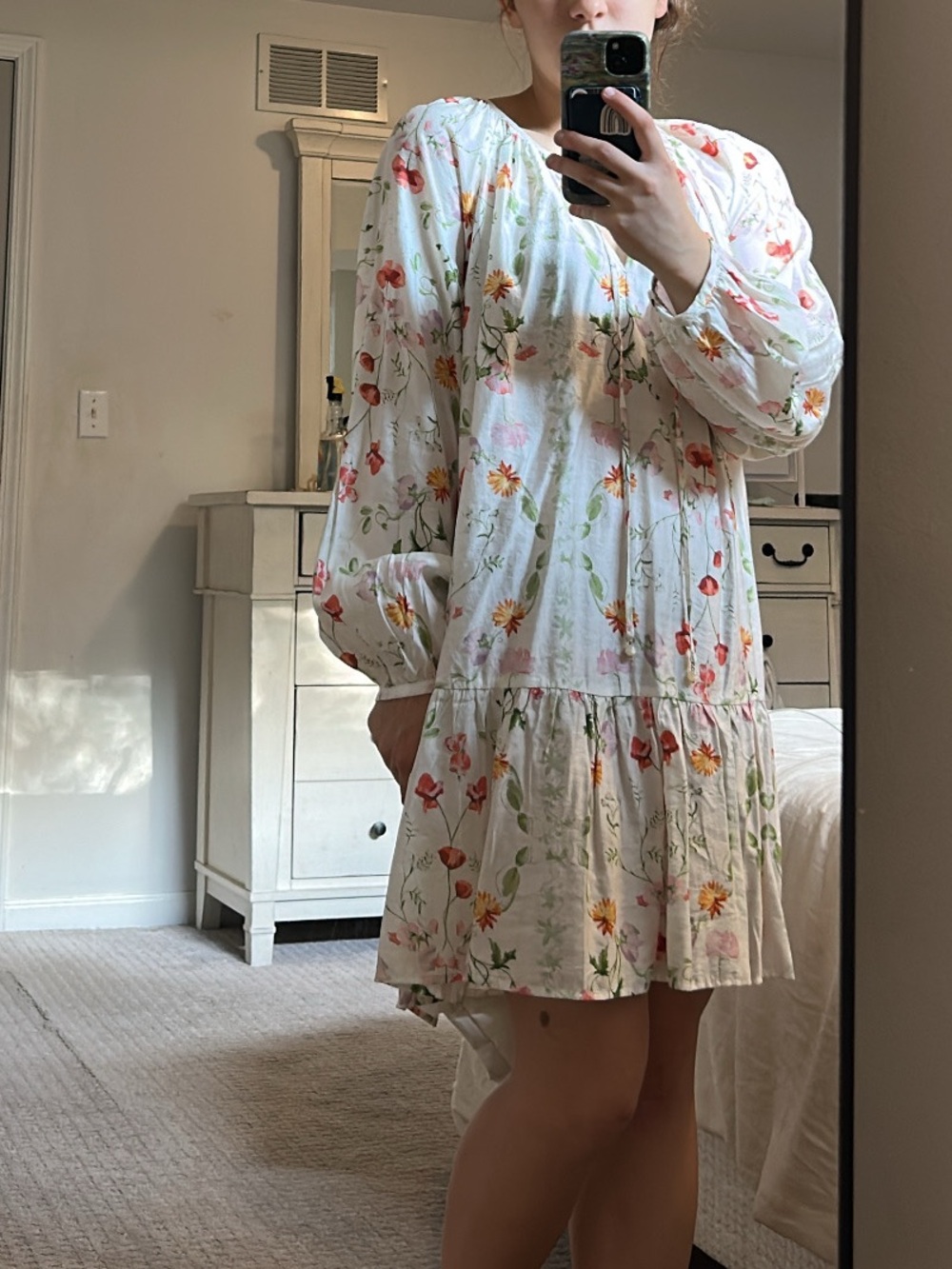 White Floral Long-Sleeve Tiered Women's Dress